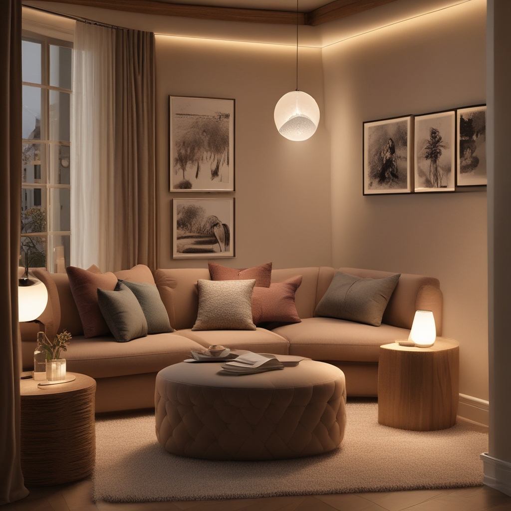A cozy corner with plush seating and ambient lighting